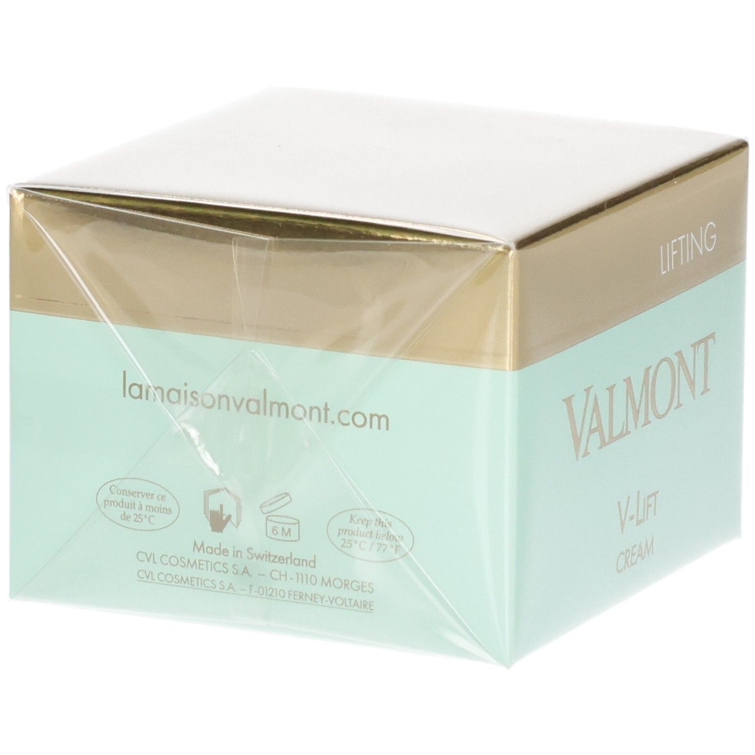 Valmont V-Lift Cream Verpackung, mintgrün und goldfarben, mit Website und Produktinformationen.
