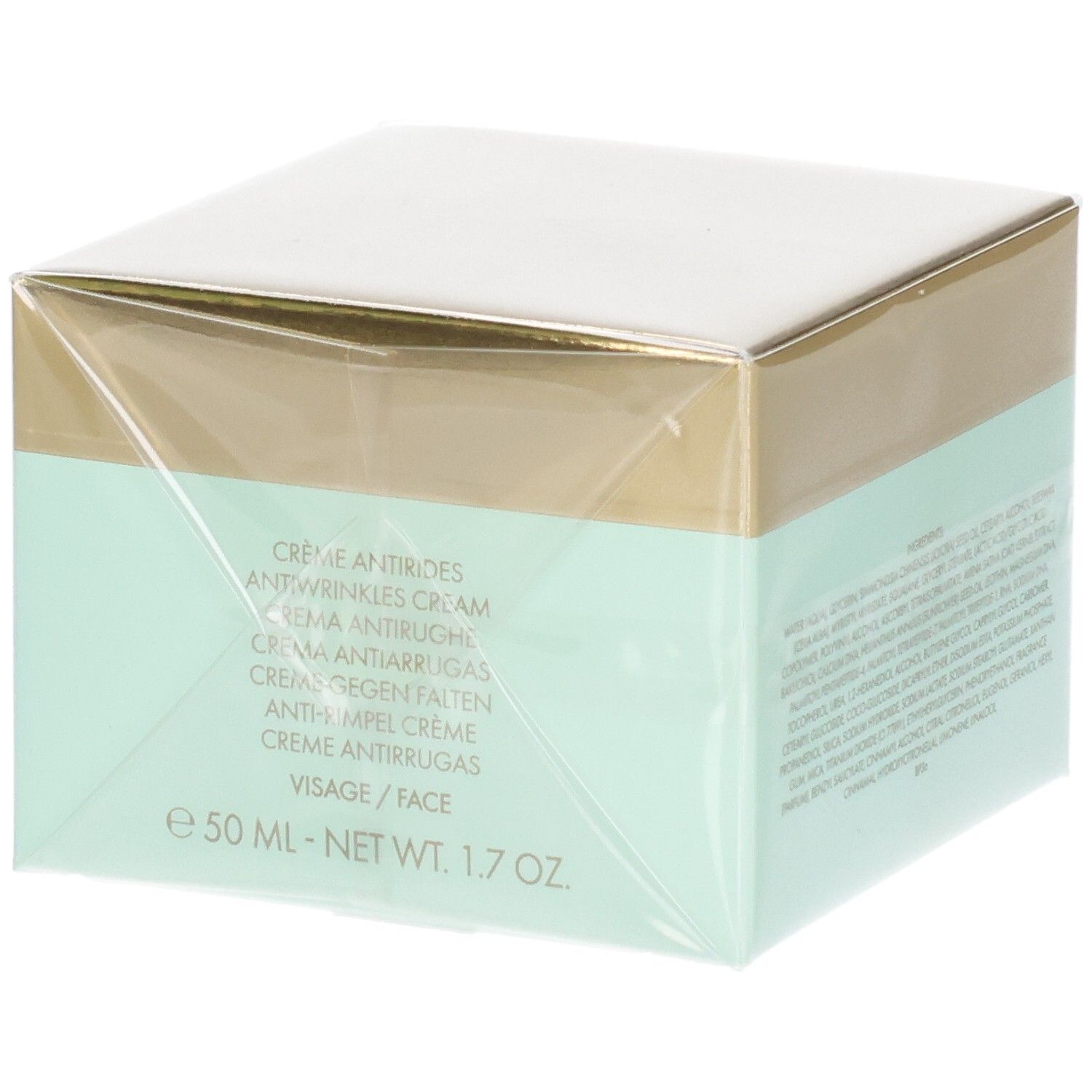 Verpackter Tiegel mit Antifaltencreme, 50 ml.