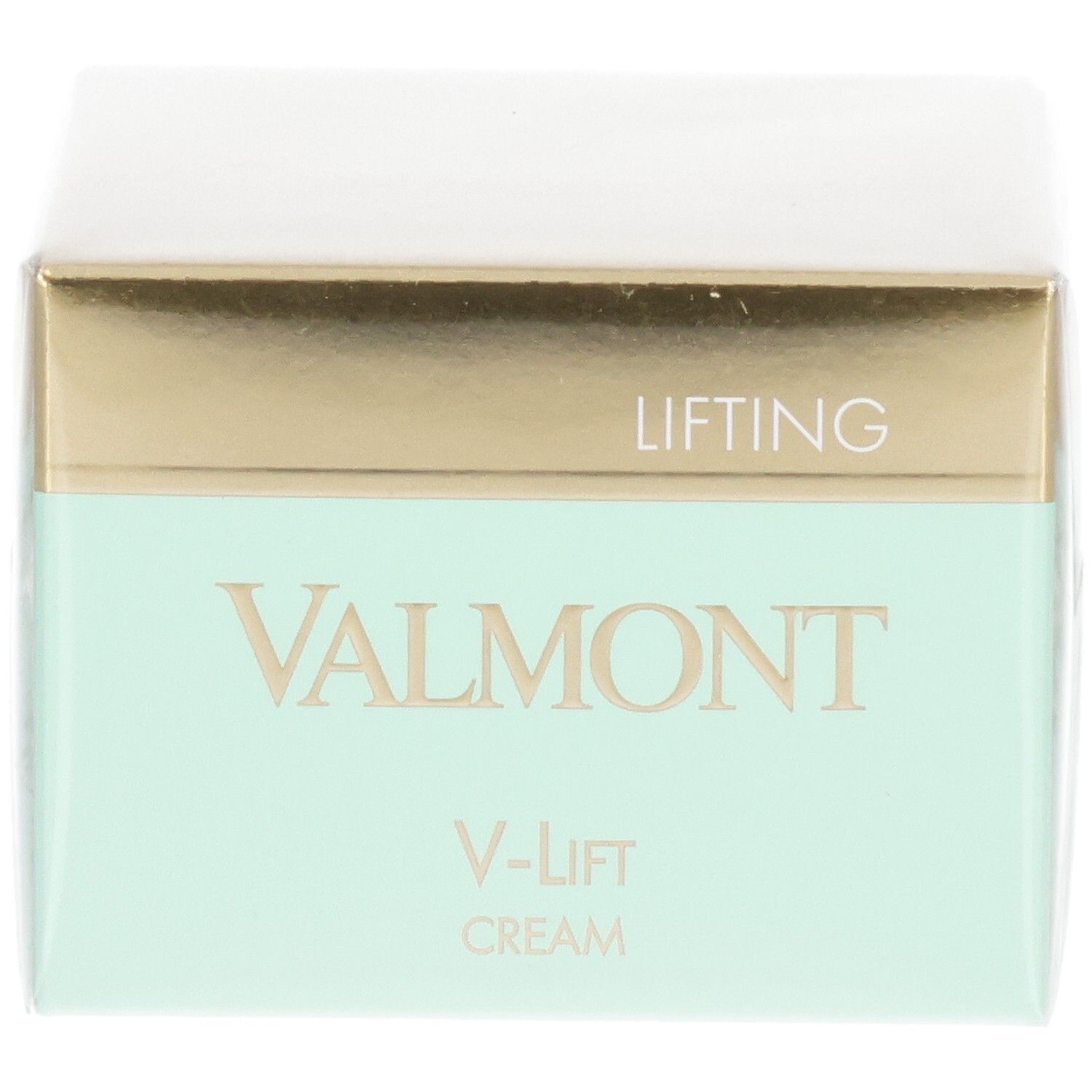 Valmont V-Lift Cream Tiegel mit goldener und mintgrüner Banderole. Text: LIFTING, VALMONT, V-LIFT CREAM.