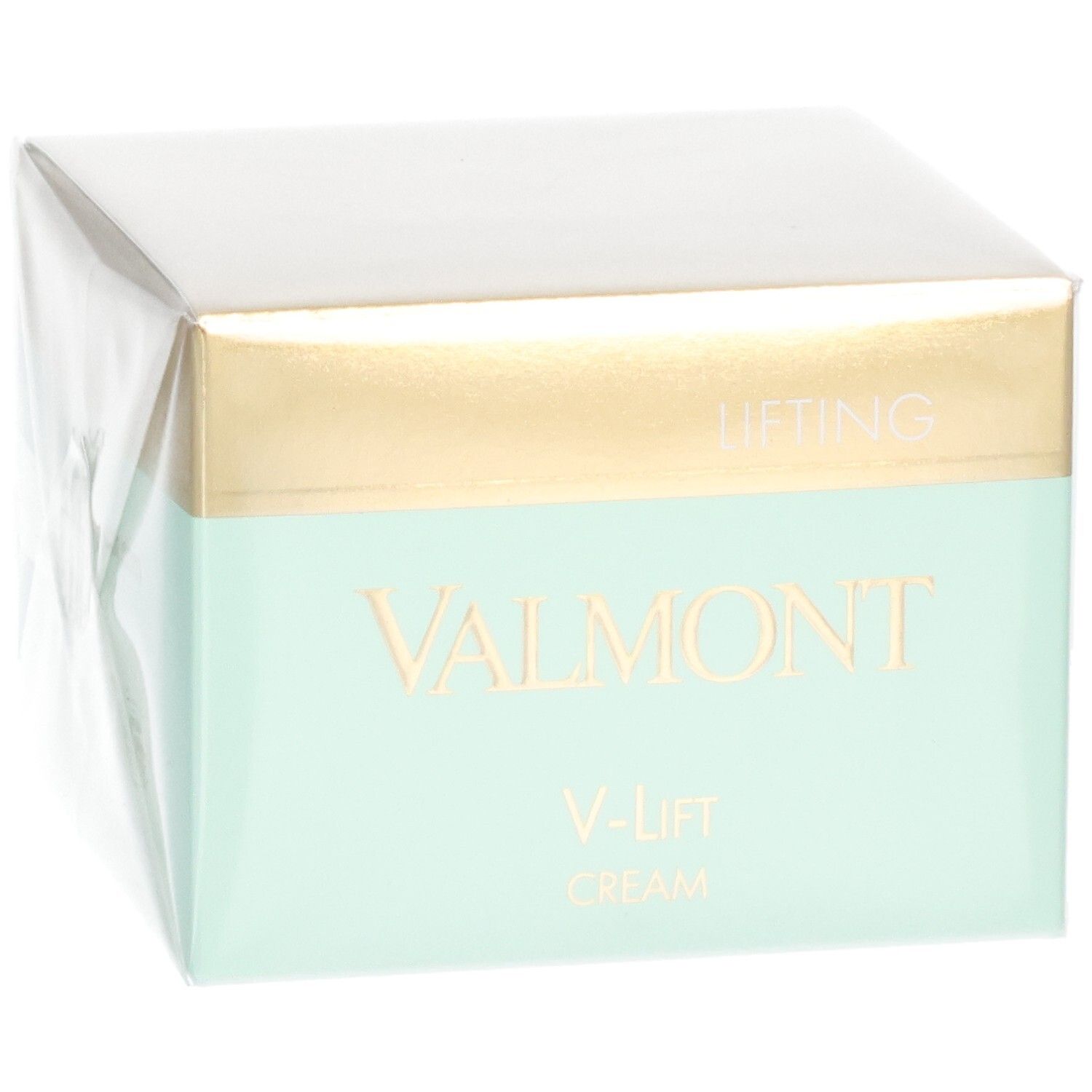 Valmont V-Lift Cream in mintgrüner Verpackung mit goldener Banderole. Lifting-Creme.