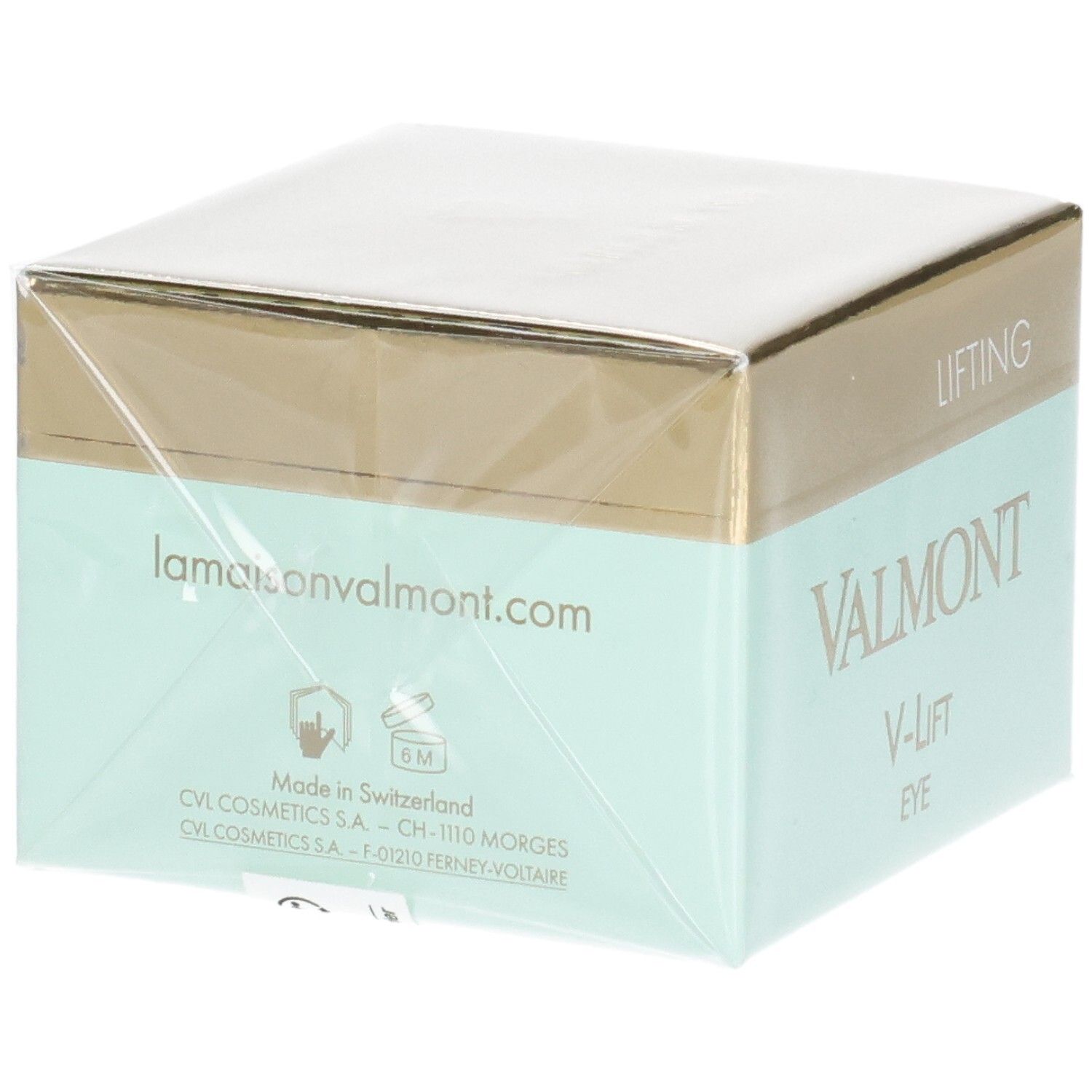 VALMONT V-Lift Eye Creme Verpackung, Rückseite mit "Made in Switzerland" und Website.