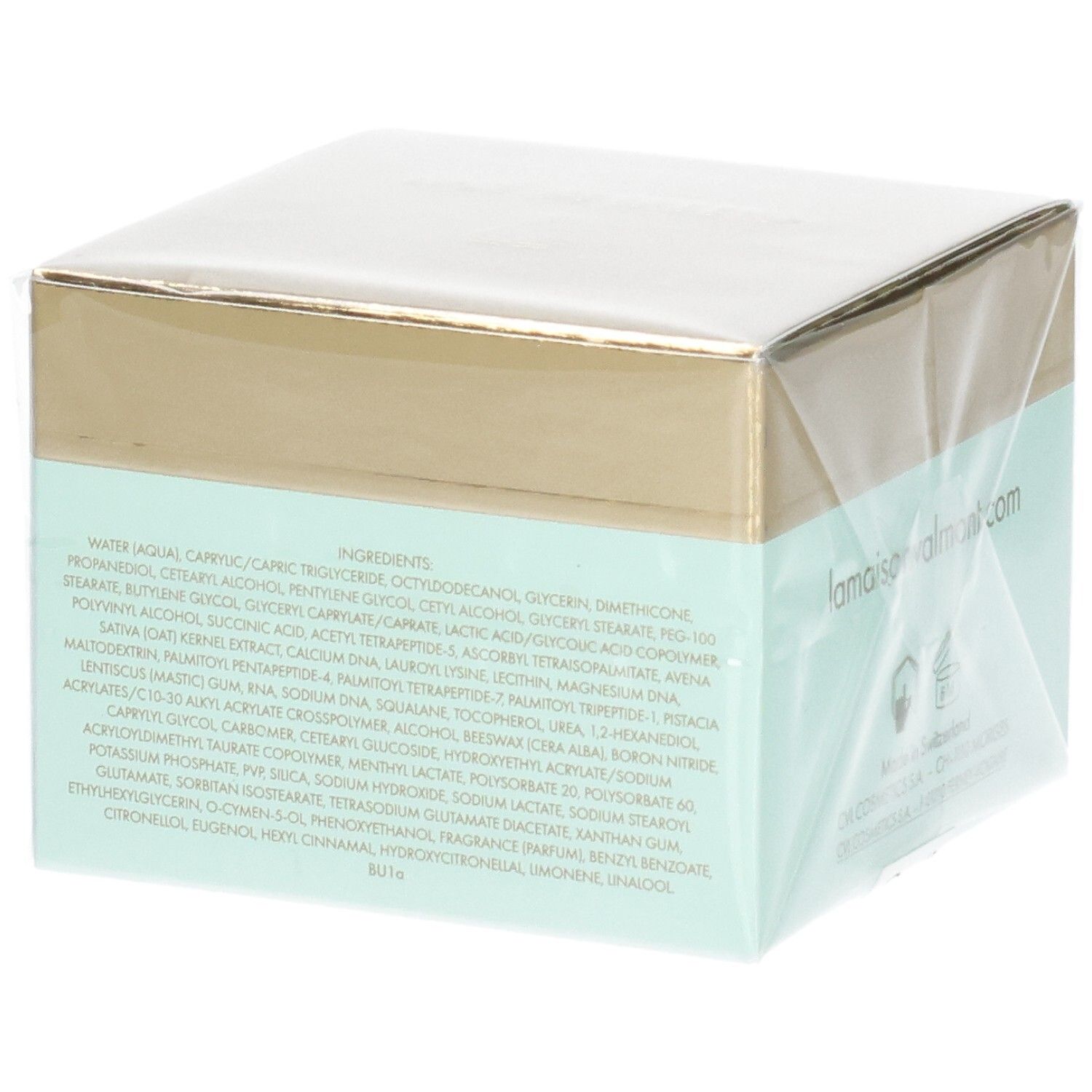 VALMONT V-Lift Eye Creme Verpackung, Seite mit Inhaltsstoffliste.