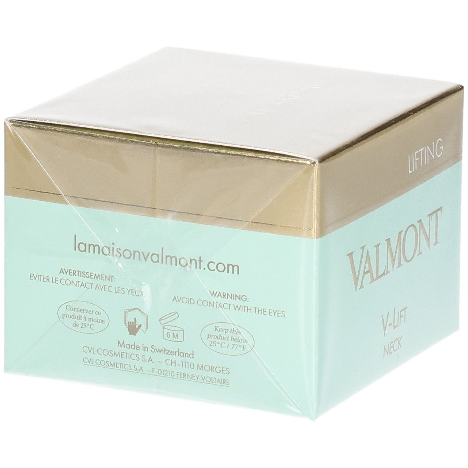 VALMONT V-Lift Neck Lifting Creme Verpackung mit Warnhinweisen und Herstellerinformationen.