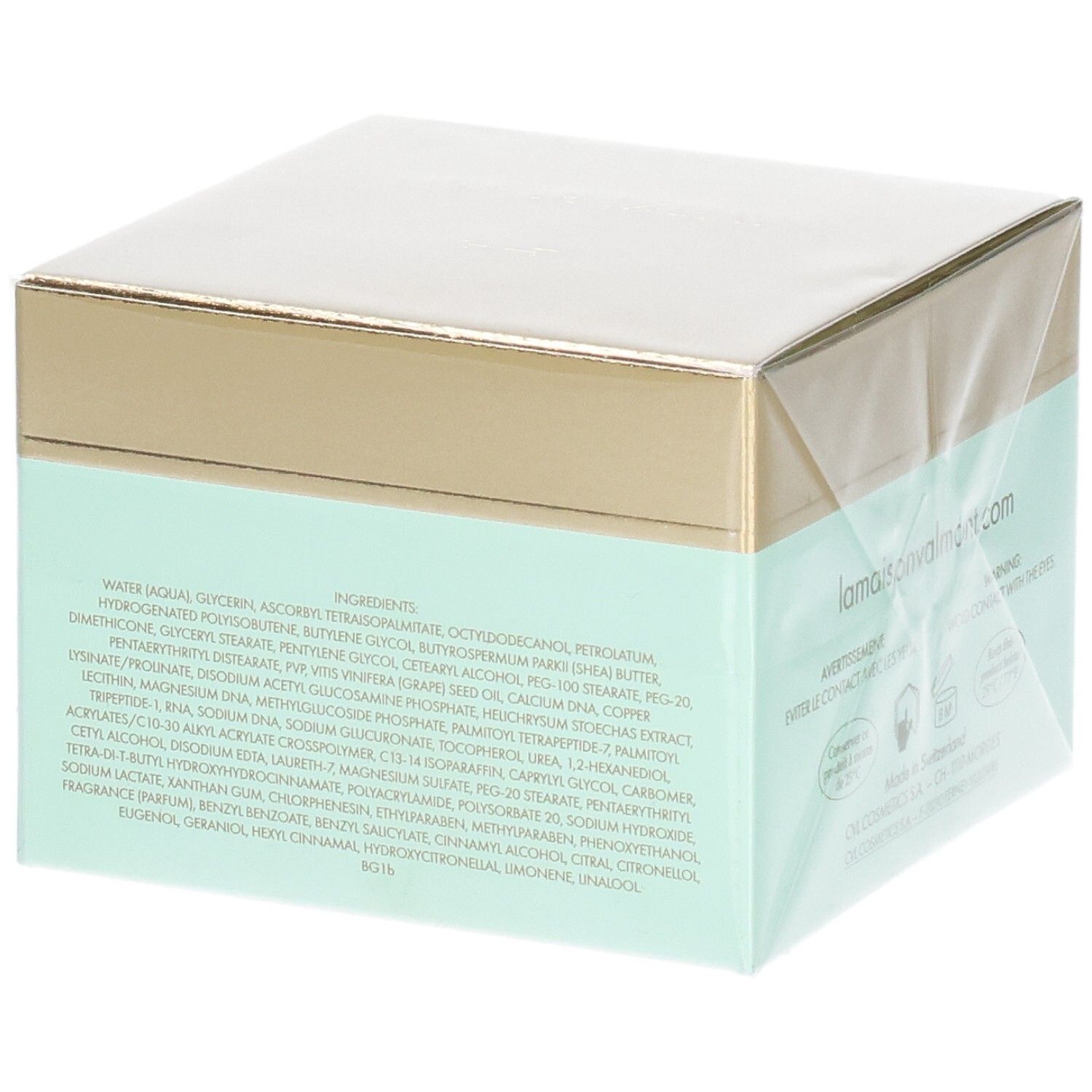 VALMONT V-Lift Neck Lifting Creme Verpackung mit Zutatenliste und Herstellerinformationen.