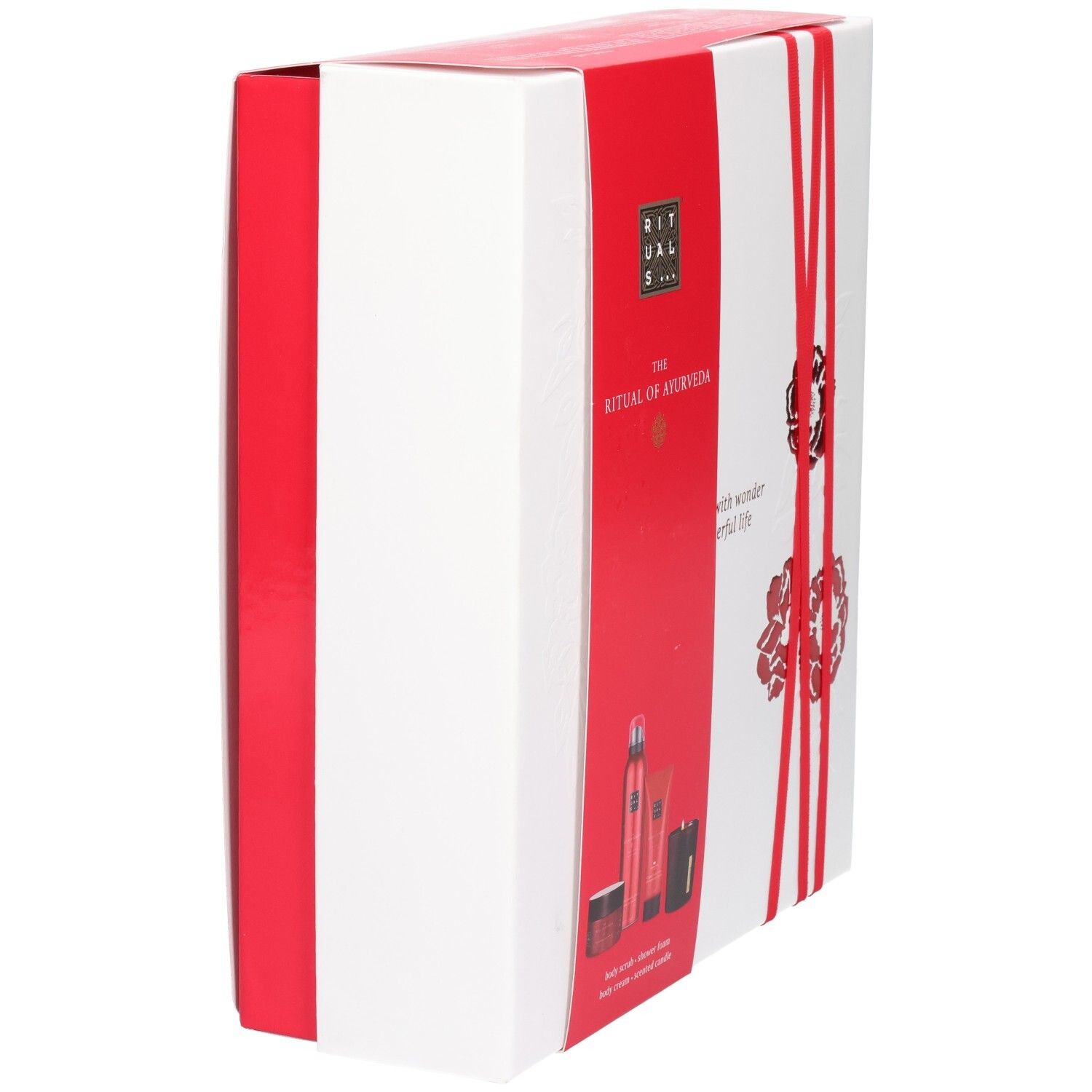Coffret cadeau RITUALS The Ritual of Ayurveda : vue latérale de la boîte blanche avec ruban rouge et motif floral.