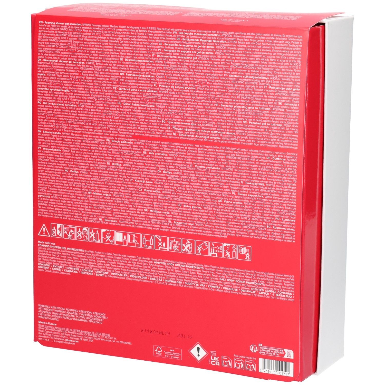 Coffret cadeau RITUALS The Ritual of Ayurveda : arrière de la boîte rouge avec informations détaillées sur le produit et symboles.