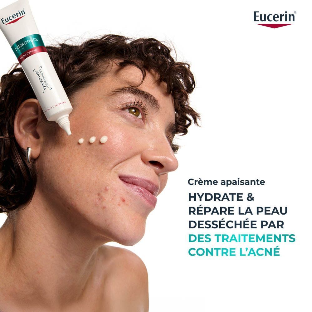 Peau du visage avant et après application. Texte : Prouvé cliniquement. -87% Rougeurs.