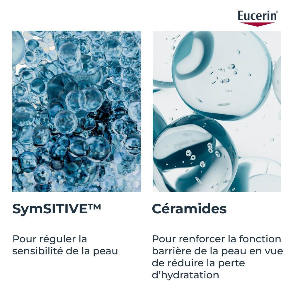 Femme avec produit. Texte : 48H d'hydratation intense. -87% Rougeurs. Eucerin DERMOPURE CLINICAL.