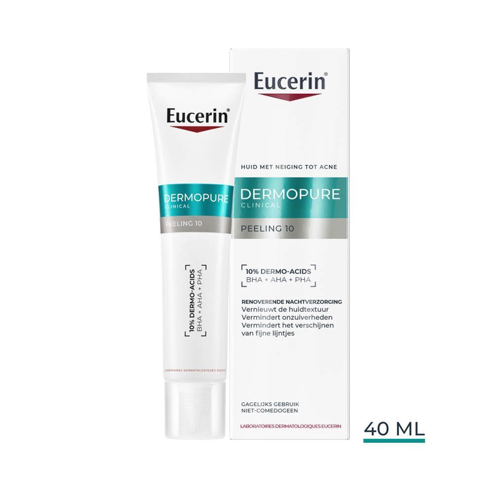 Eucerin Dermopure Clinical Peeling 10 tube en verpakking. 40 ml. Tekst: 10% Dermo-zuren BHA + AHA + PHA.