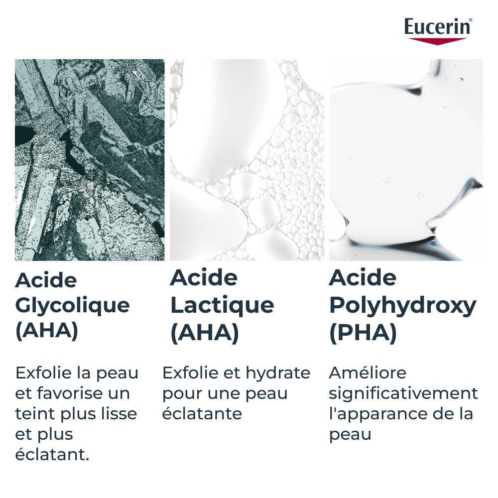 Gros plan sur l'acide glycolique, l'acide lactique et l'acide polyhydroxy. Texte : AHA, PHA, améliorent la peau.