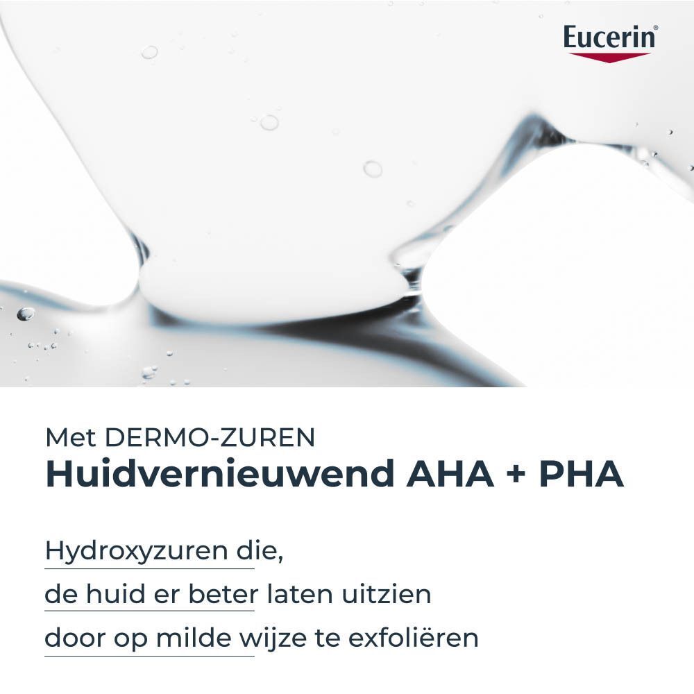 Close-up van water. Tekst: AHA + PHA vernieuwen de huid. Hydroxyzuren verbeteren het uiterlijk van de huid.
