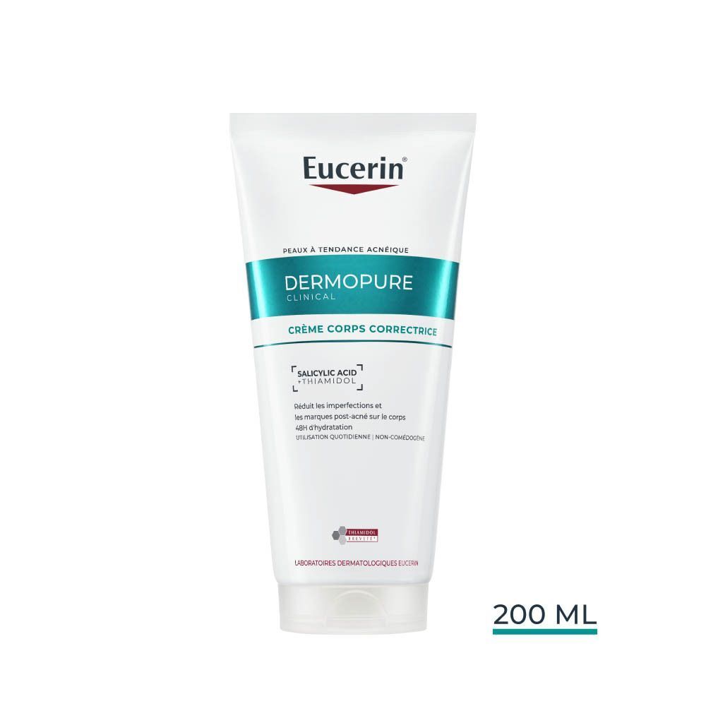 Eucerin DERMOPURE CLINICAL Crème Corps Correctrice. Tube blanc avec texte vert et bleu. 200 ml.
