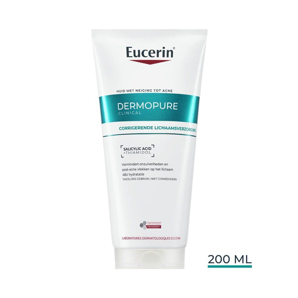 Eucerin DERMOPURE CLINICAL Corrigerende Lichaamsverzorging. Witte tube met groene en blauwe tekst. 200 ml.
