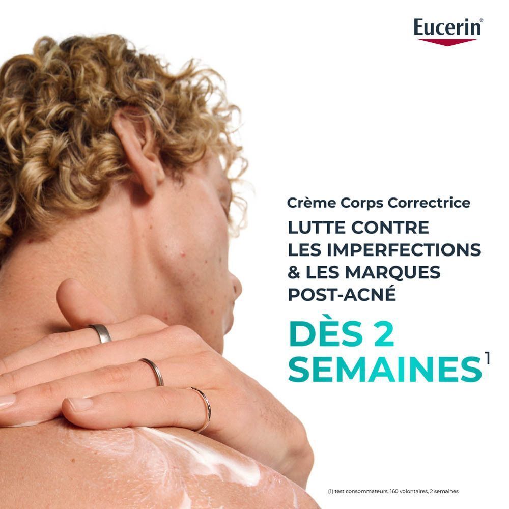 Homme avec crème sur le dos. Texte : Crème Corps Correctrice. Lutte contre les imperfections et marques post-acné.