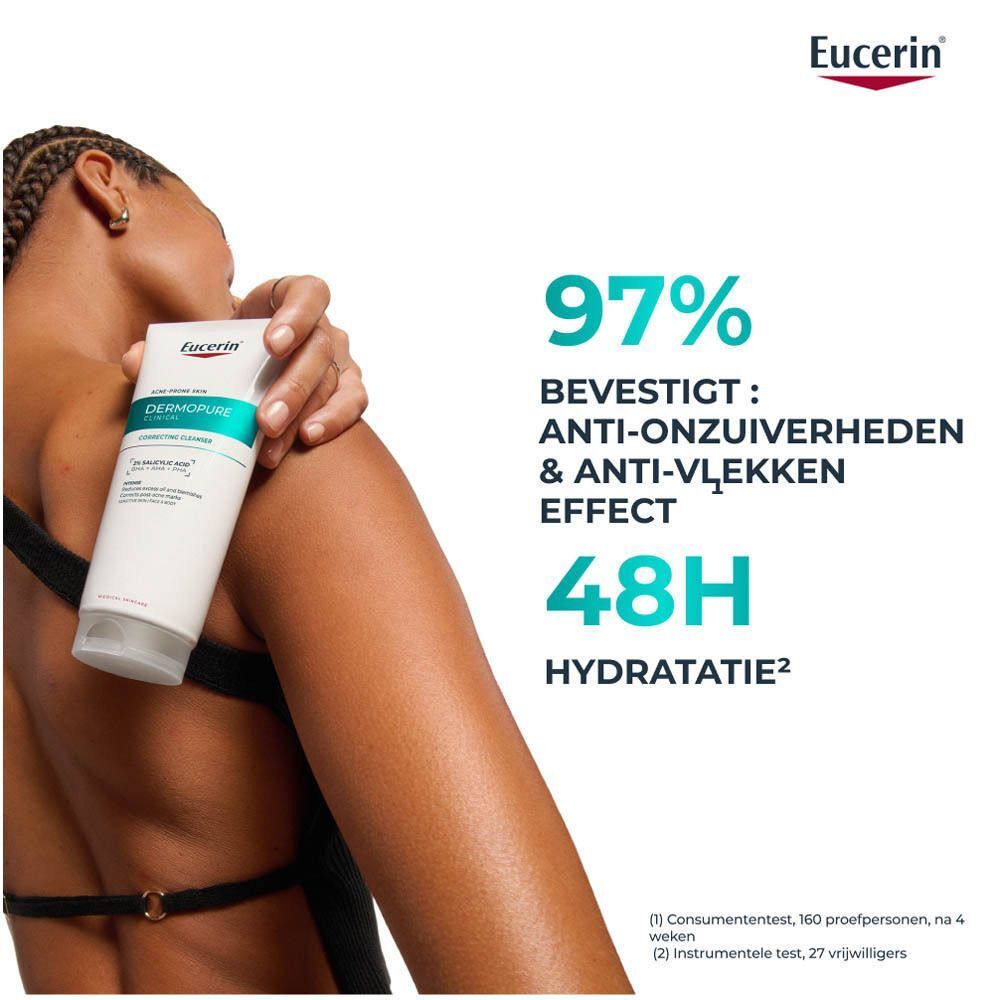 Vrouw met tube op rug. Tekst: 97% bevestigen anti-onzuiverheden & anti-vlekken effect. 48H hydratatie.