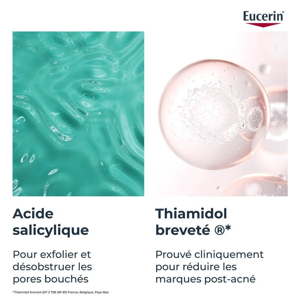 Deux images : Acide salicylique et Thiamidol. Texte : Pour exfolier et déboucher les pores bouchés.