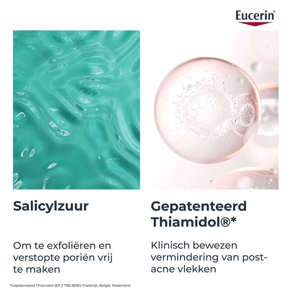 Twee afbeeldingen: Salicylzuur en Gepatenteerd Thiamidol®. Om te exfoliëren en verstopte poriën vrij te maken.