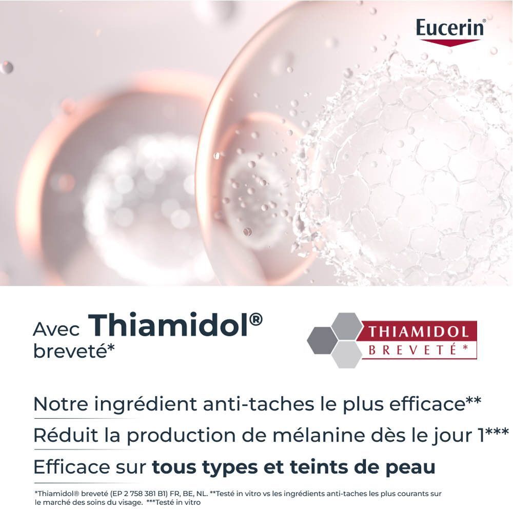 Ingrédient Thiamidol. Texte : Notre ingrédient anti-taches le plus efficace. Réduit la production de mélanine.