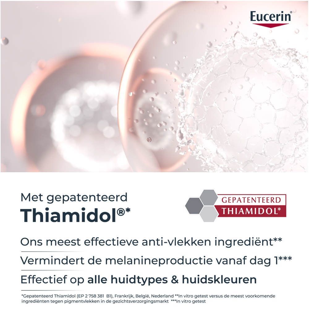 Thiamidol ingrediënt. Tekst: Ons meest effectieve anti-vlekken ingrediënt. Vermindert melanineproductie.