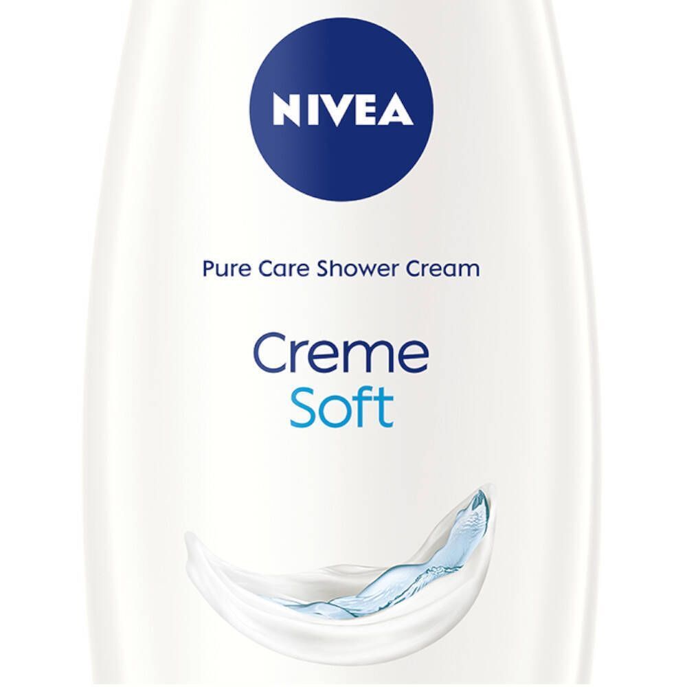 Close-up van een witte fles Nivea Creme Soft Crème de Douche. Blauw logo en tekst: Pure Care Shower Cream, creme soft.
