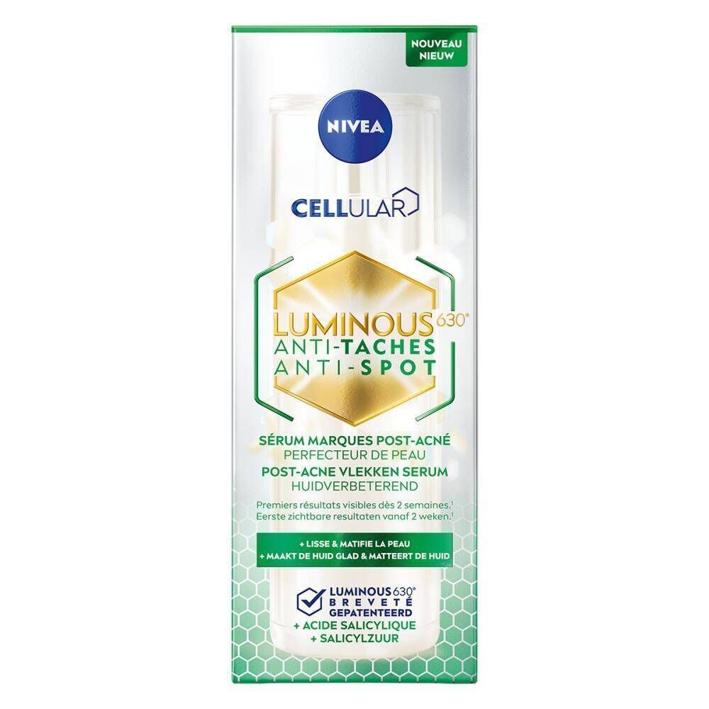 Verpakking Nivea Cellular Luminous 630° Anti-Taches Anti-Spot Serum. Fles in doos. Blauwe, groene en gouden elementen.