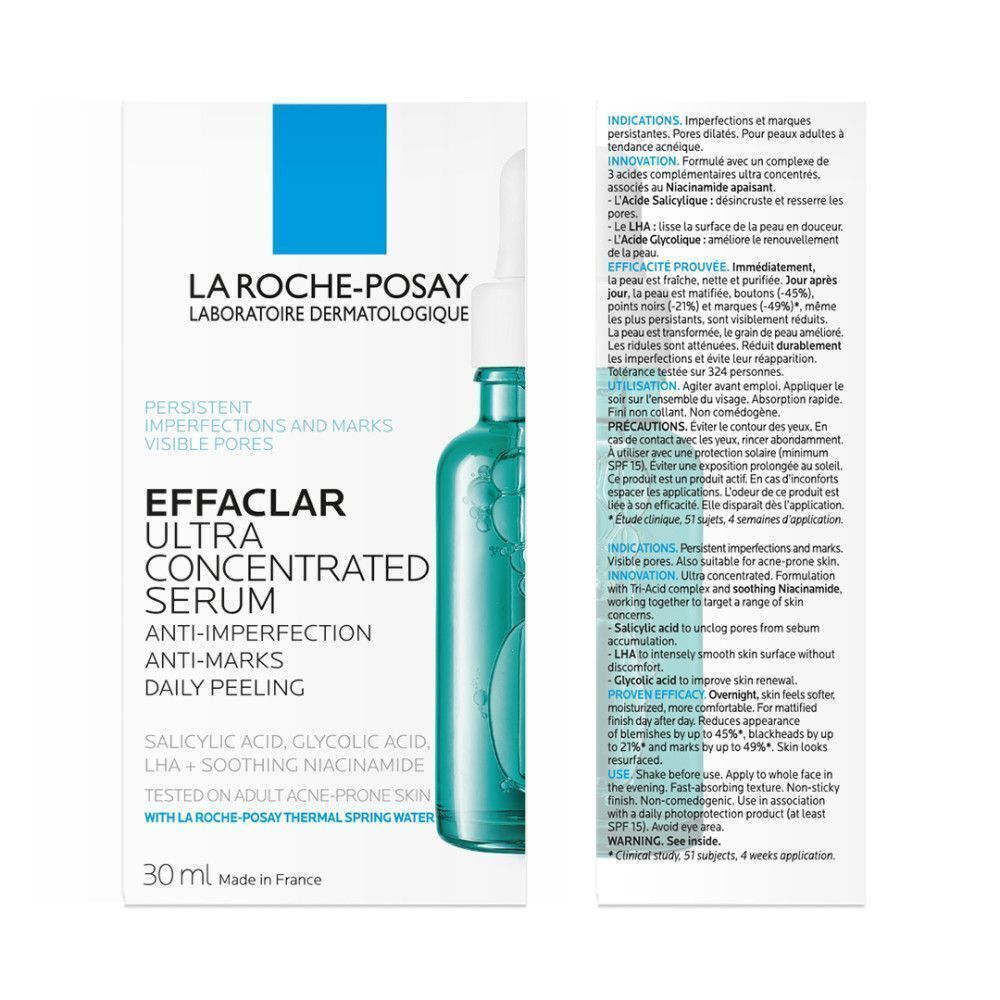 Emballage du sérum. Flacon bleu avec emballage blanc. Texte: La Roche-Posay, Effaclar Serum.