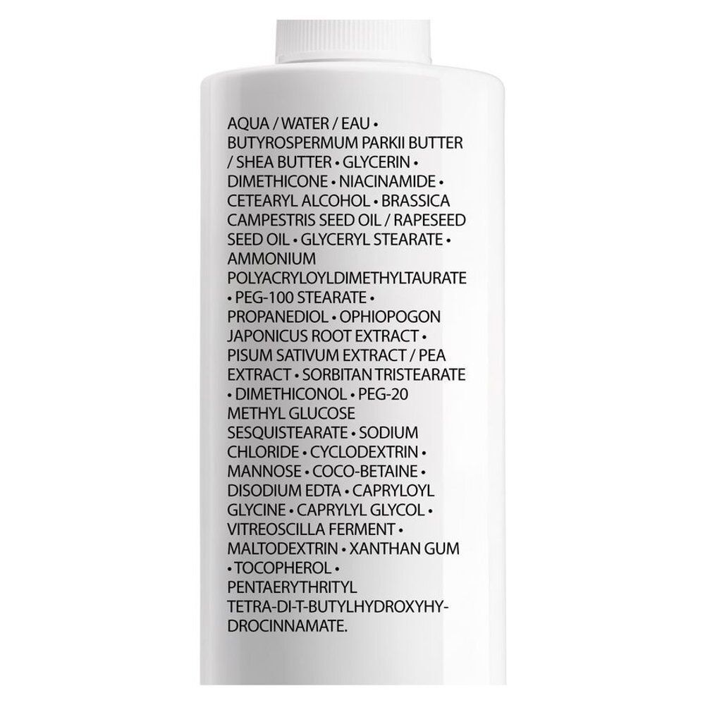 Liste des ingrédients sur flacon blanc. Aqua, Butyrospermum Parkii Butter, Glycerin, Dimethicone, etc.