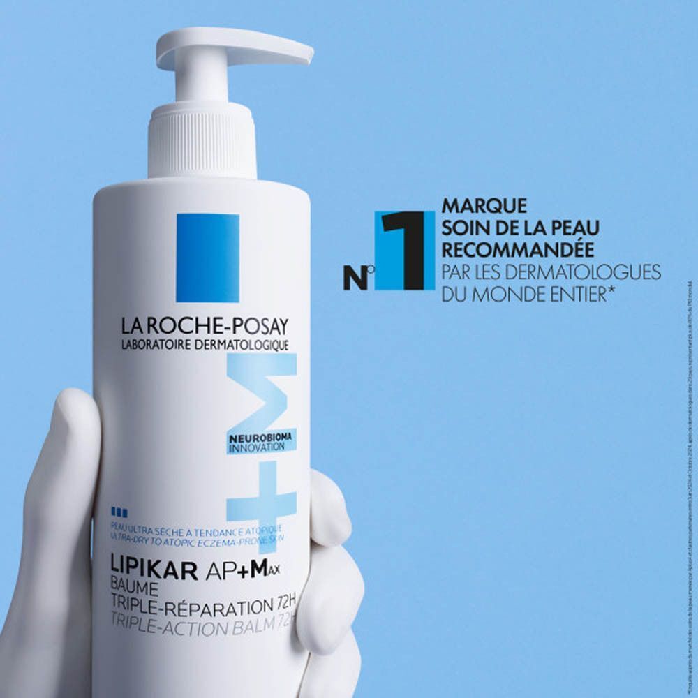 Flacon blanc avec pompe. Inscription: La Roche-Posay, Lipikar AP+M Baume. N°1 soin de la peau.