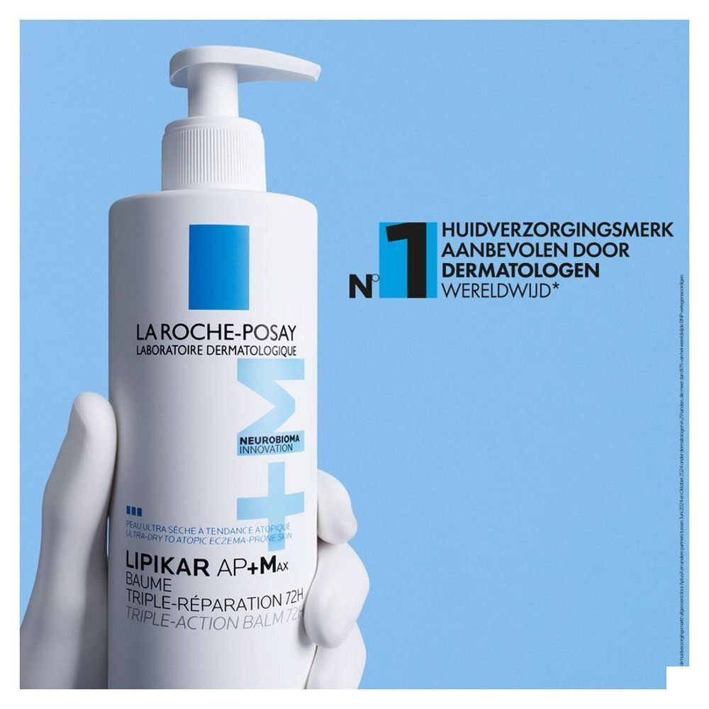 Witte fles met pomp. Opschrift: La Roche-Posay, Lipikar AP+M Baume. Nr. 1 huidverzorging.