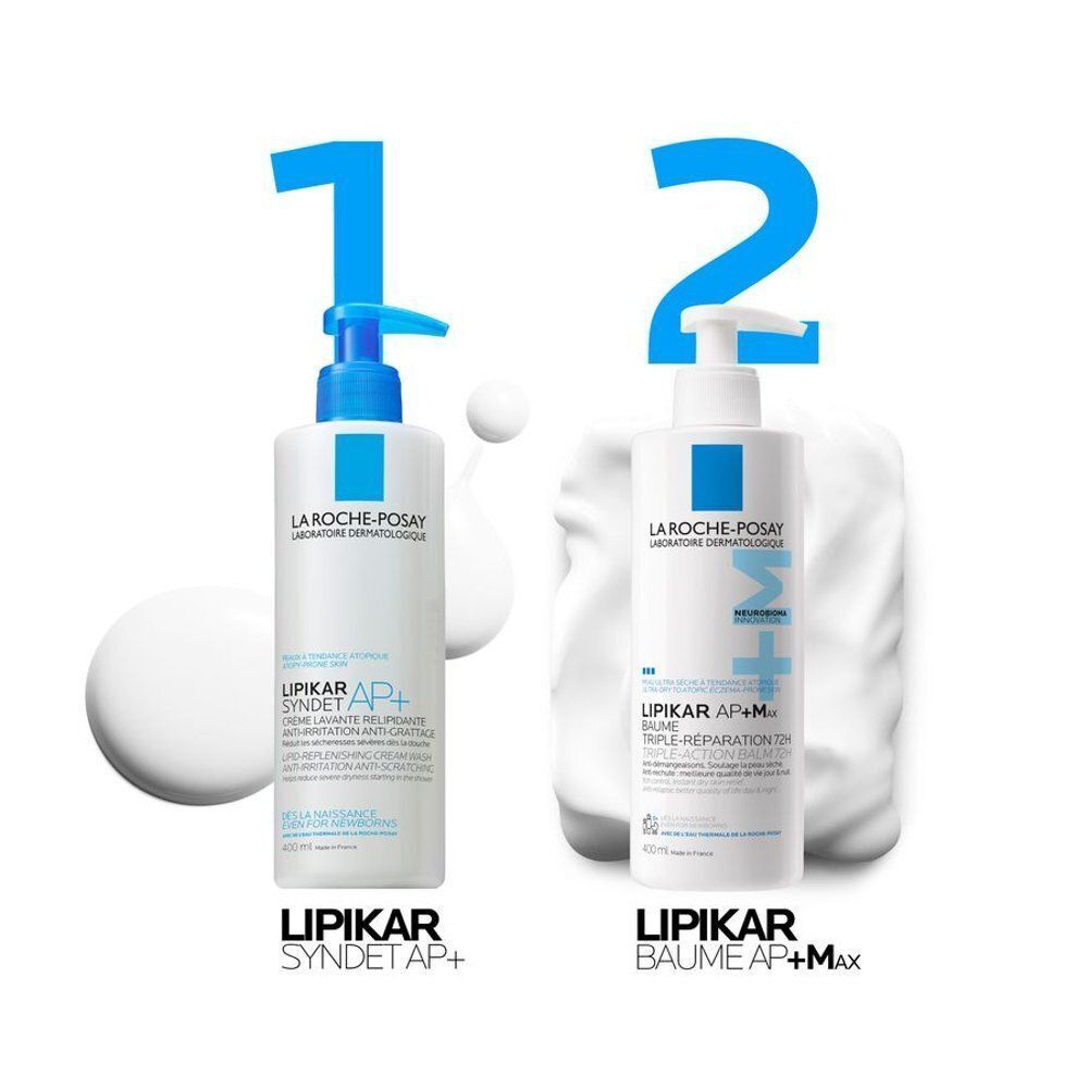 Deux flacons: Lipikar Syndet AP+ et Lipikar Baume AP+M. Flacons bleus et blancs avec pompe.