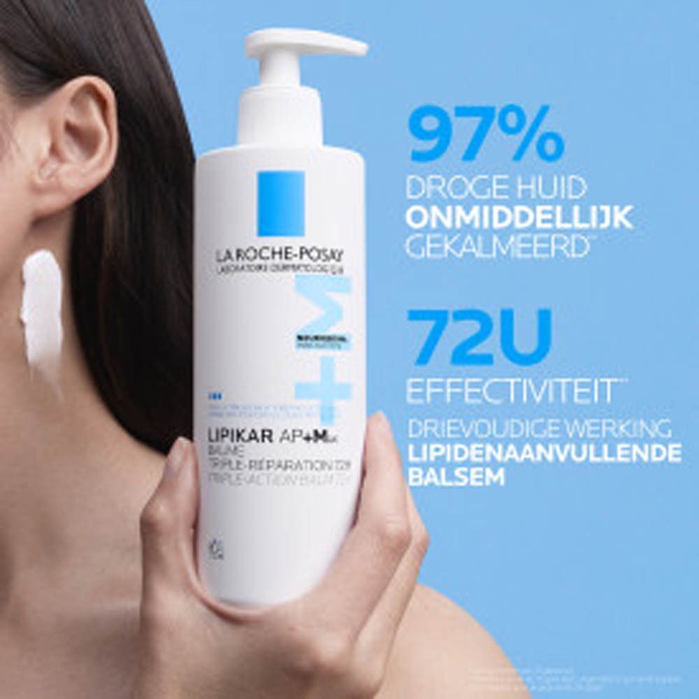 Witte fles met pomp. Opschrift: La Roche-Posay, Lipikar AP+M Baume. Tekst: 97% kalmeert direct.