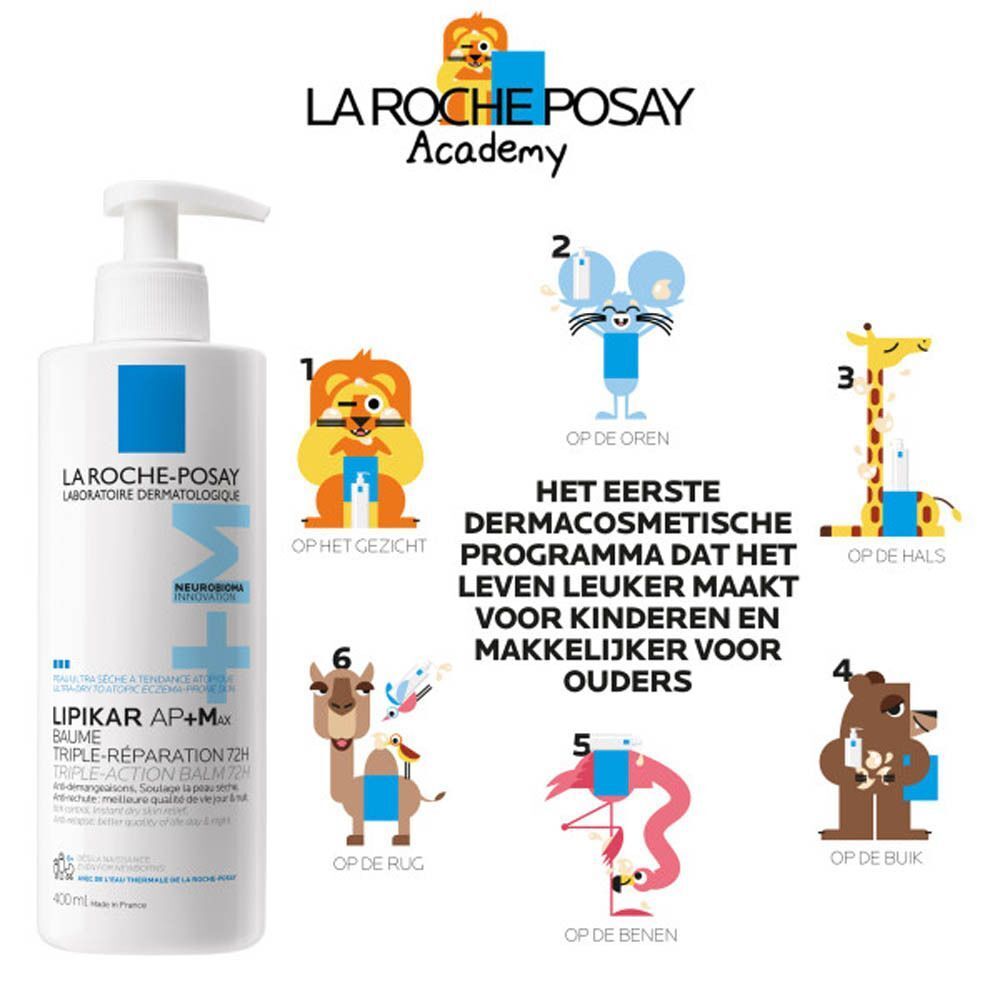 Witte fles met pomp. Opschrift: La Roche-Posay, Lipikar AP+M Baume. Illustraties voor kinderen.