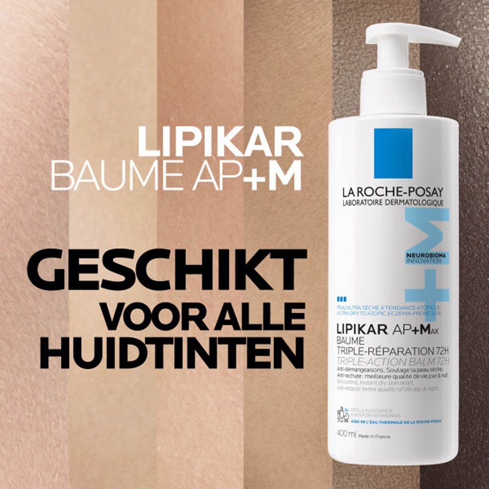 Witte fles met pomp. Opschrift: Lipikar Baume AP+M. Tekst: Geschikt voor alle huidtinten.