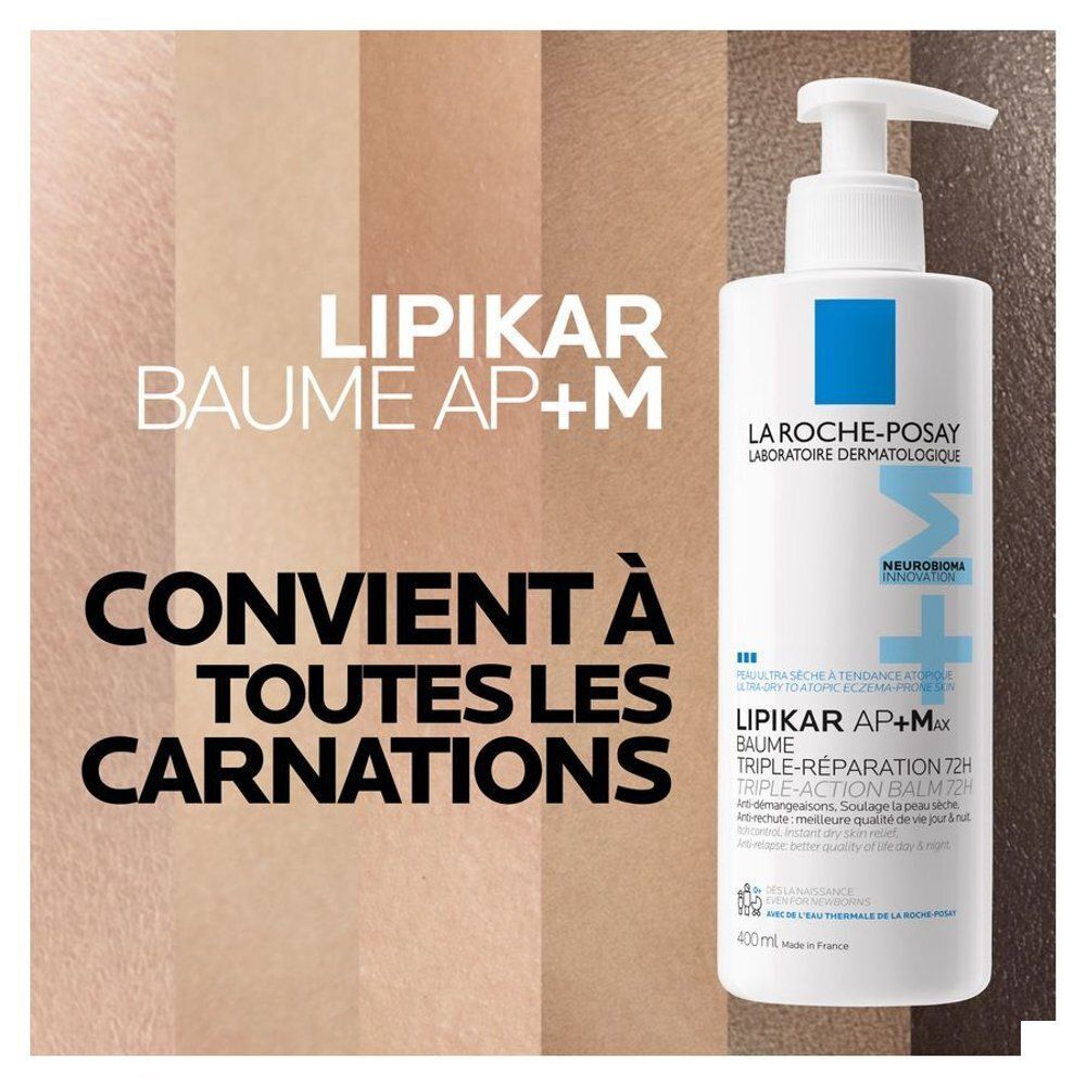 Flacon blanc avec pompe. Inscription: Lipikar Baume AP+M. Texte: Convient à toutes les carnations.