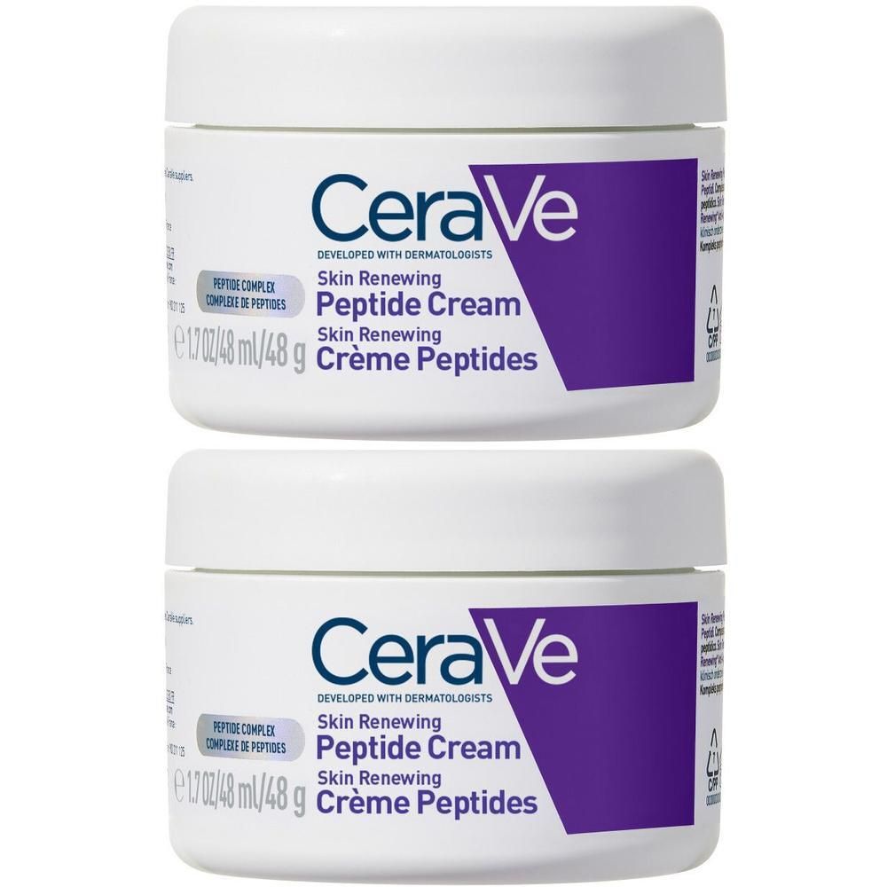 Twee potten CeraVe Skin Renewing Crème Peptides. Wit, paarse accenten. Tekst.