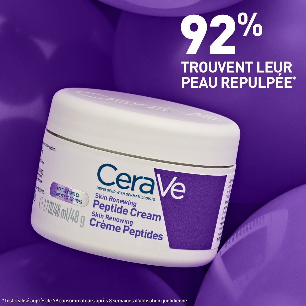 Pot CeraVe Skin Renewing Crème Peptides. Blanc, accent violet. Texte et 92%.