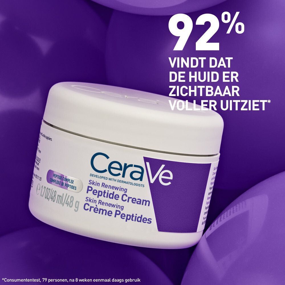 Pot CeraVe Skin Renewing Crème Peptides. Wit, paars accent. Tekst en 92%.