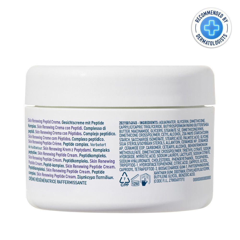 Dos du pot CeraVe Skin Renewing Crème Peptides. Texte et ingrédients.