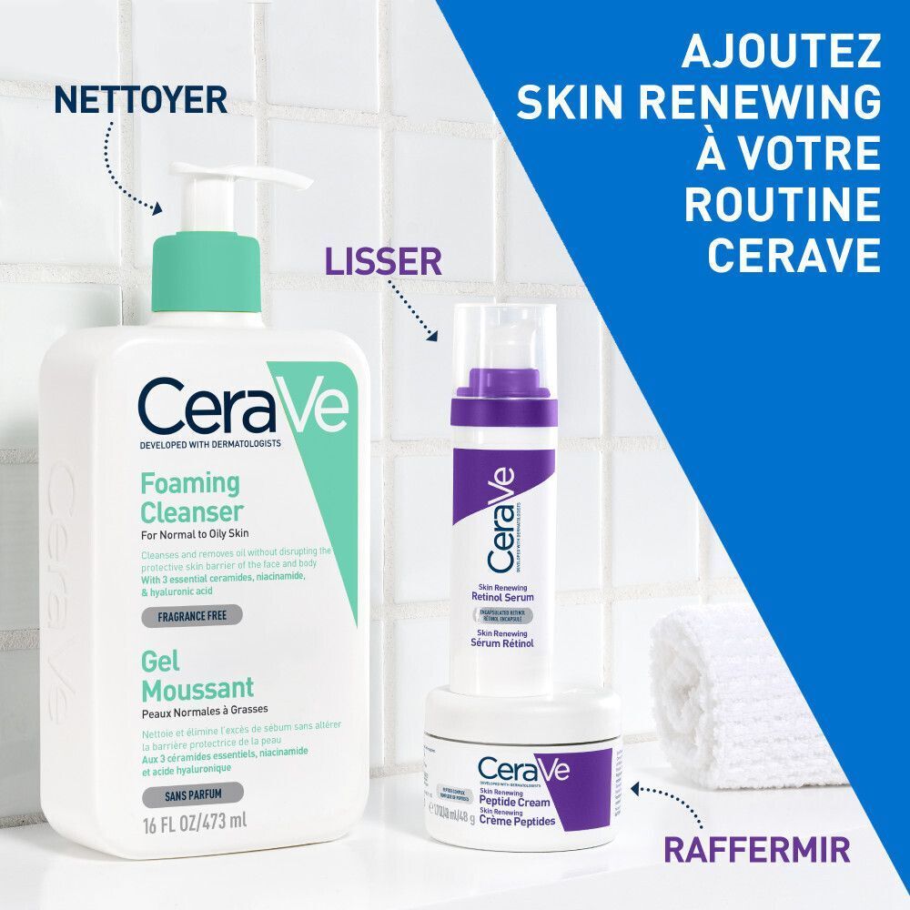 Produits CeraVe: Nettoyant, Sérum, Crème. Texte.