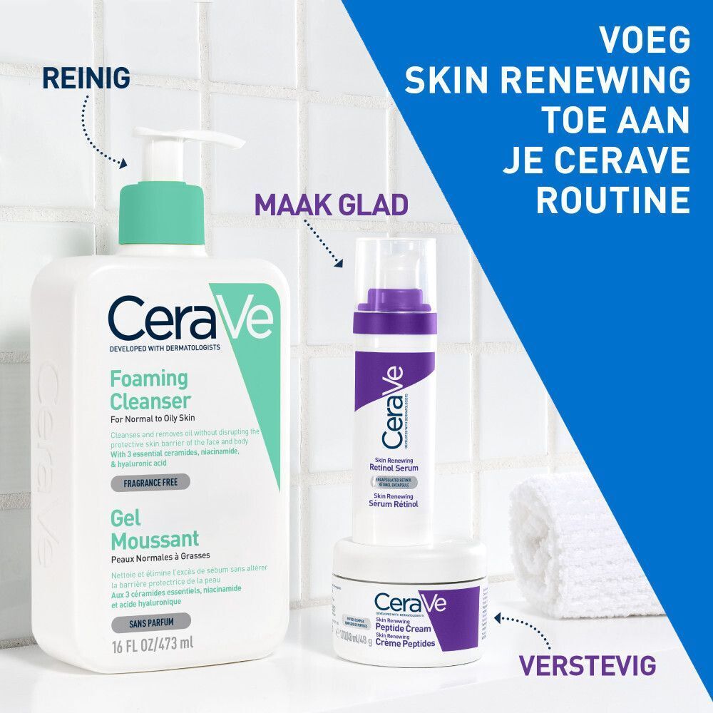 CeraVe producten: Reiniger, Serum, Crème. Tekst.