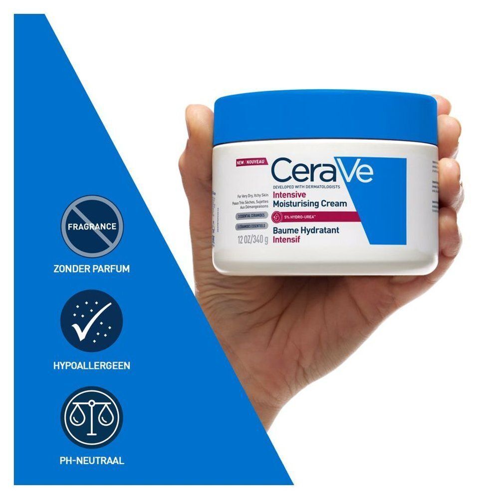 Hand die een pot CeraVe Crème Hydratante Intensive vasthoudt. Tekst: Zonder parfum, Hypoallergeen, pH-neutraal.