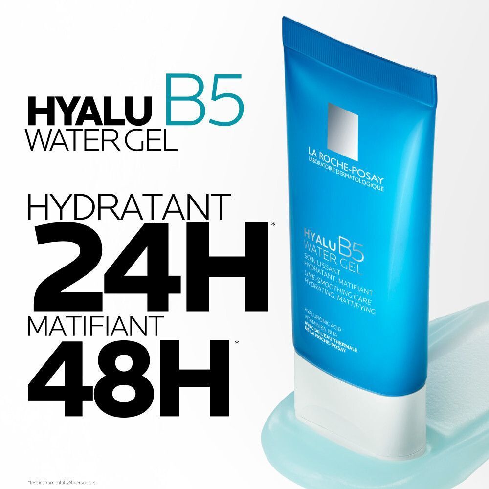 Tube bleu. Texte: Hyalu B5 Water Gel, Hydratant 24H, Matifiant 48H. La Roche-Posay.
