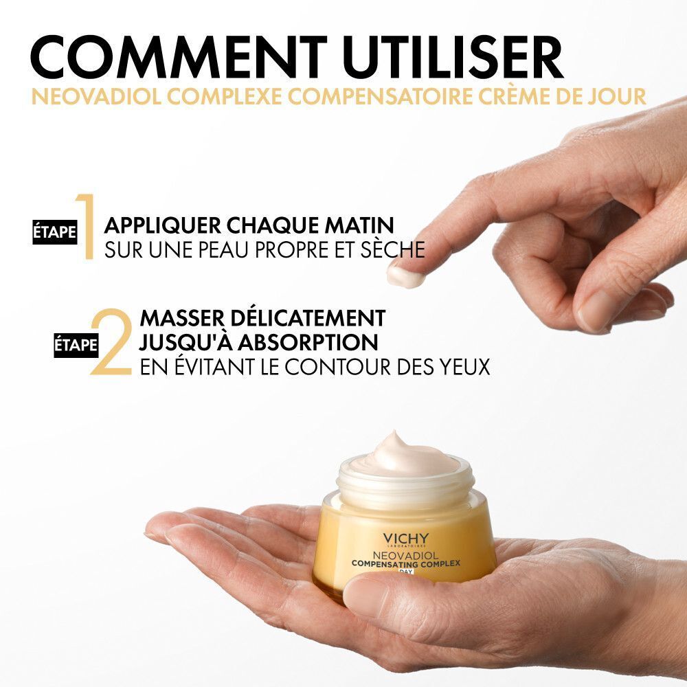 Main avec crème. Texte : Comment utiliser. Étape 1 : Appliquer chaque matin sur peau propre et sèche. Étape 2 : Masser.