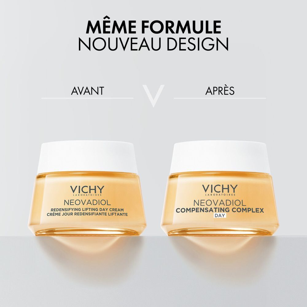 Comparaison avant-après. Deux crèmes. Texte : Même formule, nouveau design. Crème Vichy Neovadiol.
