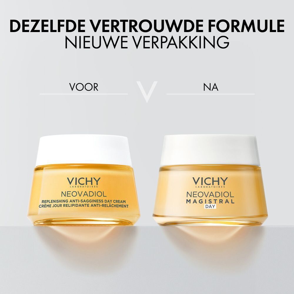 Voor- en na-vergelijking. Twee crèmes. Tekst: Dezelfde vertrouwde formule, nieuwe verpakking. Vichy Neovadiol crème.