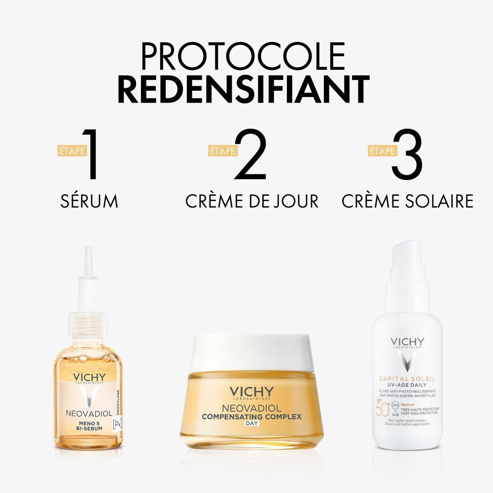 Trois produits. Texte : Protocole redensifiant. Sérum, crème de jour, crème solaire. Vichy Neovadiol.