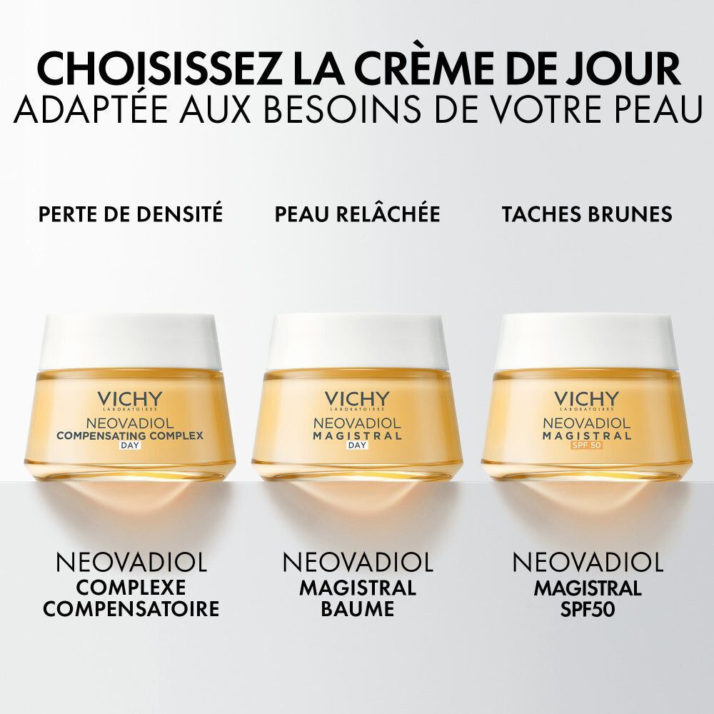 Trois crèmes. Texte : Choisissez la crème de jour adaptée à votre peau. Vichy Neovadiol.