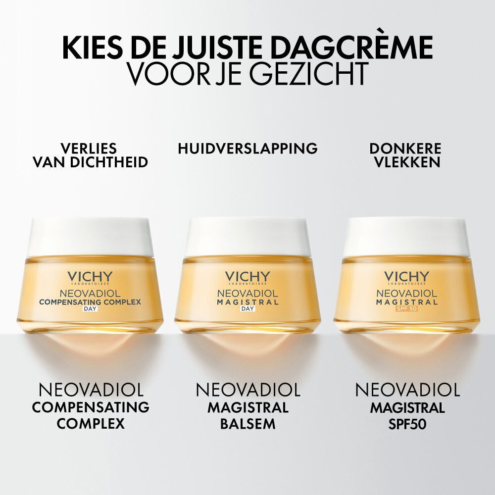 Drie crèmes. Tekst: Kies de juiste dagcrème voor je gezicht. Vichy Neovadiol.