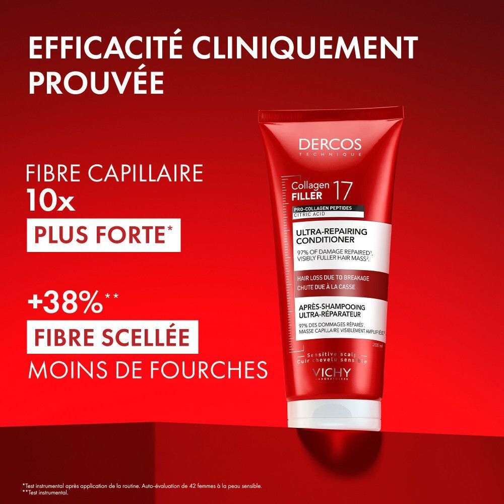 Vichy Dercos Après-Shampooing Collagen 17 Filler | Cheveux Abîmés et Cassants | Peptides Pro-Collagène et Acide citrique