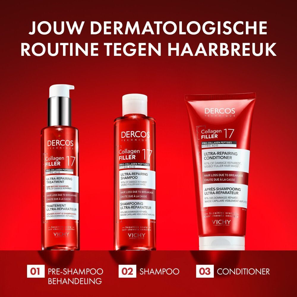 Vichy Dercos Collagen 17 Filler Conditioner | Beschadigd en Breekbaar Haar | Pro-Collageen Peptiden en Citroenzuur